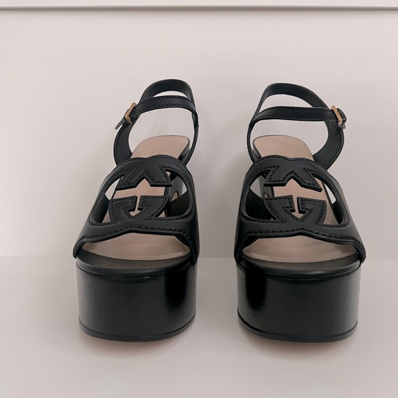 GUCCI Interlocking G Cutout Block Heel Platform Sandals Black Leather - Picture 3 of 16